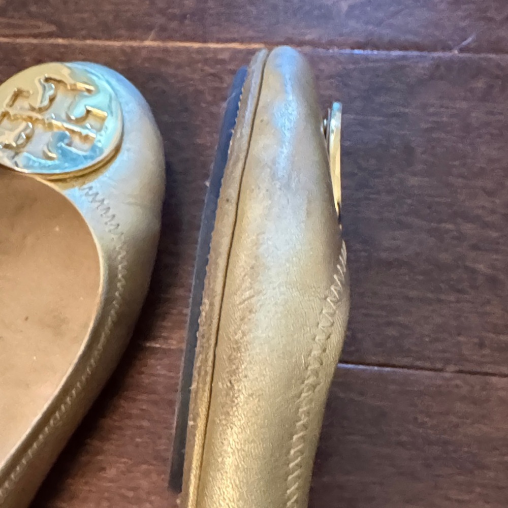 Tory Burch Minnie Travel Ballet Flats Gold Metallic Logo Leather Size 7 Packable - Picture 6 of 6